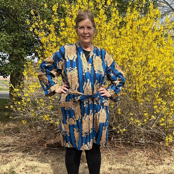 Bath Robe Belted Pockets Made In Indian Lightweight Striped Tigers Cotton Blue - Picture 5 of 9